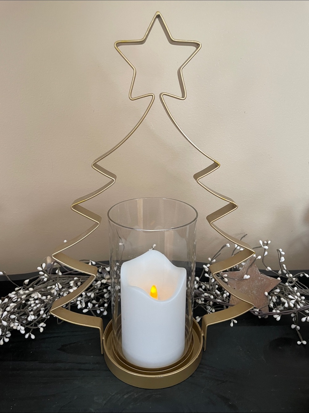 Beautiful Gold Metal Tree Hurricane LED Candle Holder 17”x11”